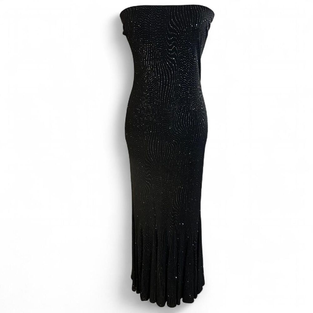 90s Jessica McClintock Black and Gold Glitter Slinky Strapless Gown